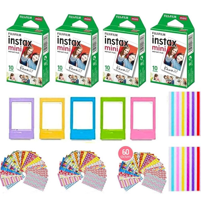 Fujifilm Instax Mini Instant Film (2 Pack, 40 Sheets) 5 Plastic Desk Frames + 60 Sticker Frames + 2 Packs Corner Stickers