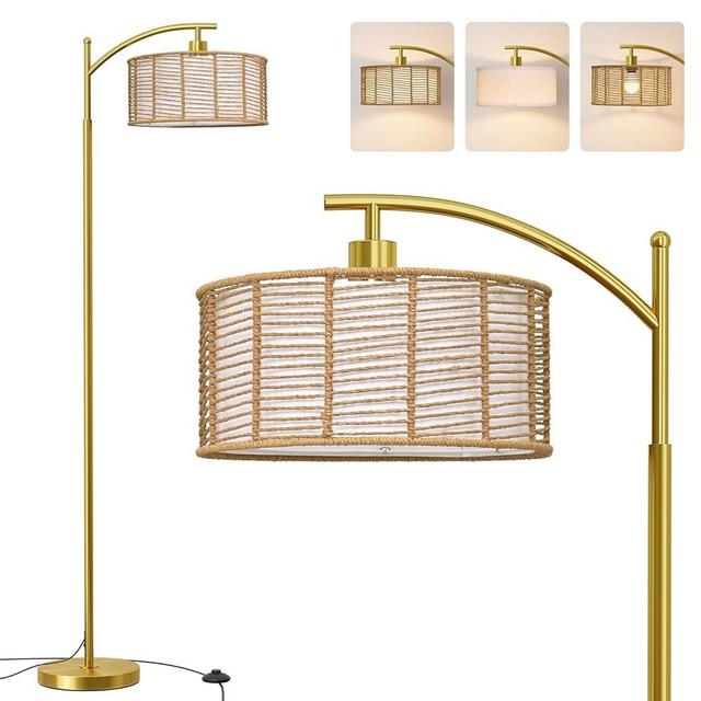 Oneach 62.5" Arc Floor Lamp for Living Room, Rattan Boho Floor Lamp with Gold Metal Base, Double Shades, Farmhouse Rustic Modern Standing Lamp for Bedroom Office Corner