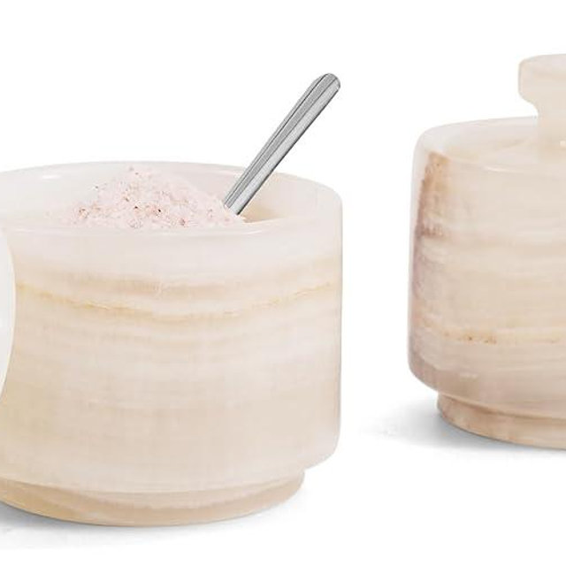 Marble Salt Cellar with Lid and Spoon 3 Inch White Onyx Salt and Pepper Dish Marble Sugar and Salt Bowls Countertop