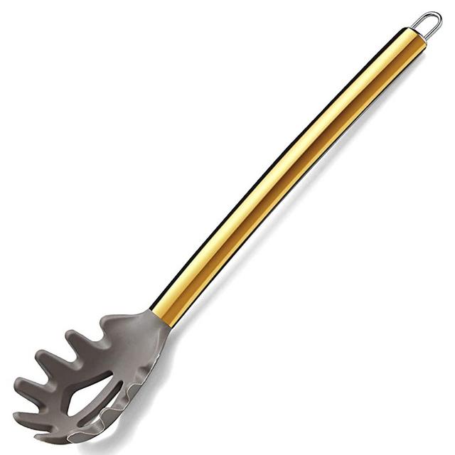 Gold Spaghetti Spoon, Berglander Non-stick Silicone Pasta Server With Titanium Gold Plating Handle, Spaghetti Server For Cooking, Pasta Fork, Noddle Fork, Dishwasher Safe, Easy to Clean