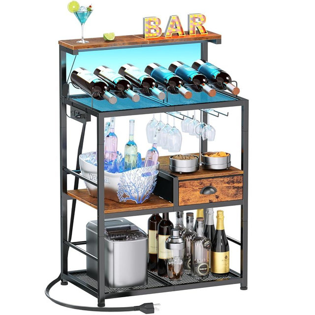 Bar Carts for The Home, 4-Tier Mini Bar Cart with Power Outlet & LED Lights, Industrial Small Bar Cabinet with Storage Drawer for Liquor, Freestanding Wine Bar Stand, Alcohol Cart, Rustic Brown