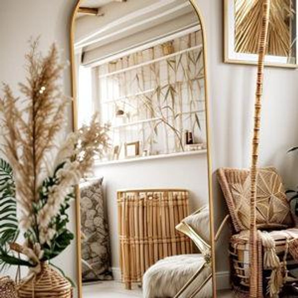 Antok Full Length Mirror, 58"x19" Floor Mirror, Arched Floor Standing Freestanding Arch Full Body Mirrors with Stand for Bedroom, Hanging Mounted for Living Room Cloakroom,Gold