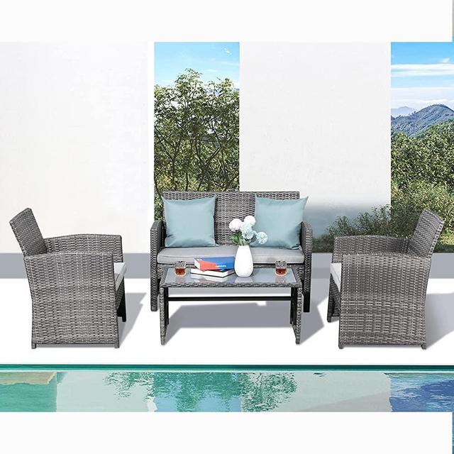 Patiorama 4 Pieces Outdoor Patio Furniture Sets Garden Rattan Chair Wicker Set, Poolside Lawn Chairs with Tempered Glass Coffee Table Porch Furniture (Light Grey)
