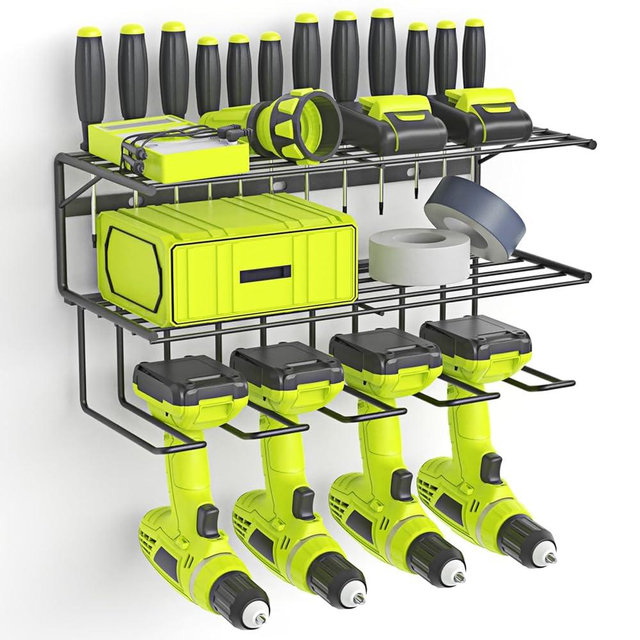 SUNALLY Power Tool Organizer Wall Mounted, Power Drill Tool Holder, Tool Organizers and Storage Rack for Garage Organization, 3 Layers Floating Tool Shelf with 4 Drill Holders