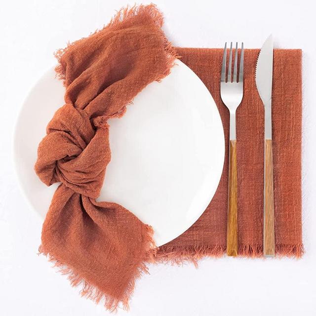 Socomi Handmade Cloth Napkins with Fringe Set of 8 Terracotta Cotton Linen Napkins 18"x18" Rustic Dinner Napkins Bulk for Wedding Party Baby Shower