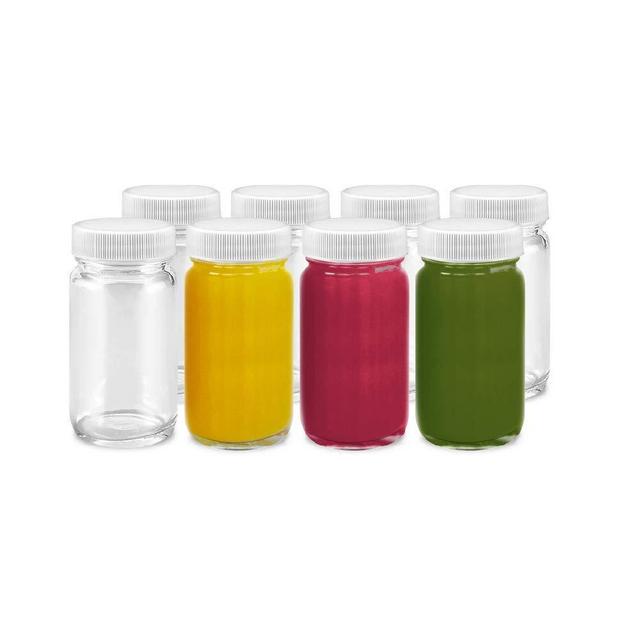 Juice Shot Bottles Set - Wide Mouth for Juicing, Beverage Storage, Liquids, 2 oz, Clear Glass with White Caps, Reusable, Leak Proof, Jars (8 pack)