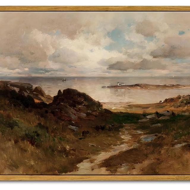 OIQArtOIQ Framed Vintage Landscape Wall Art Coast Natural Scenery Oil Painting Canvas Prints Country Farmhouse Aesthetic Decor Pictures for Kitchen Bedroom Living Room Bathroom