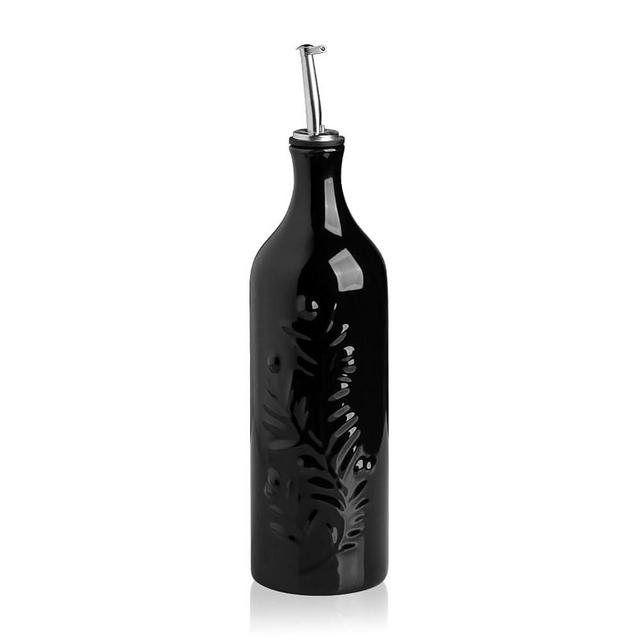 Sweejar Large Ceramic Olive Oil Dispenser Bottle, 24 Oz Relief Opaque Oil Cruet Protects Oil To Reduce Oxidation,Oil Dispenser for EVOO, Vinegar, Soy Sauce, Coffee Syrup, Liquids, Pack of 1 (Black)