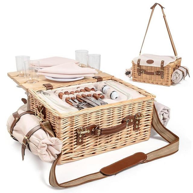 Multifunctional Wicker Picnic Basket Set for 4 Blanket Family Folding Wine Table,Insulated Portable Extra Big Storage Capacity Natural Woven Rattan Canasta De Full Tablewares Camping Outdoor Flowers