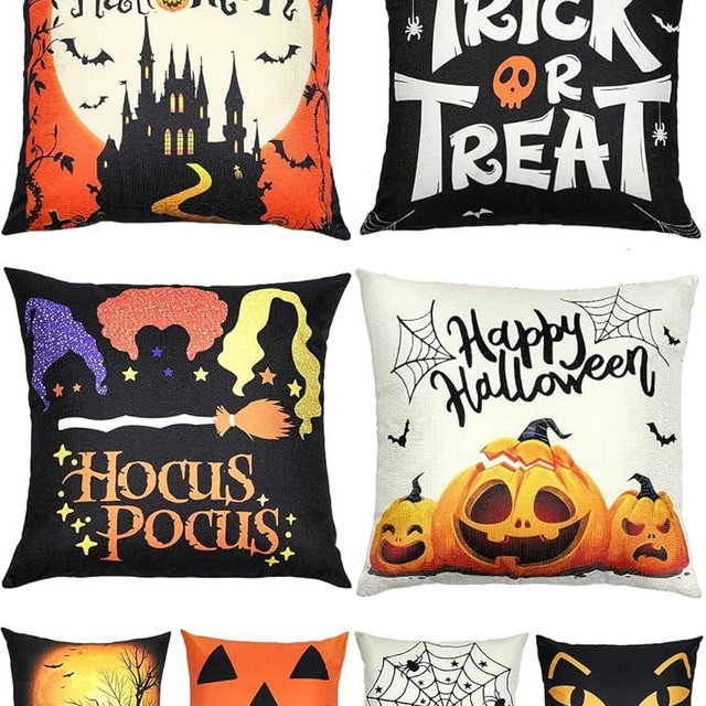 Halloween Decorations Set Of 4 Double-Sided Print Pillow Covers 18" x 18", with 8 Cute Halloween Decor Patterns, Elegant Invisible Zipper, Soft Linen Throw Pillow Covers for Outdoor & Indoor Use