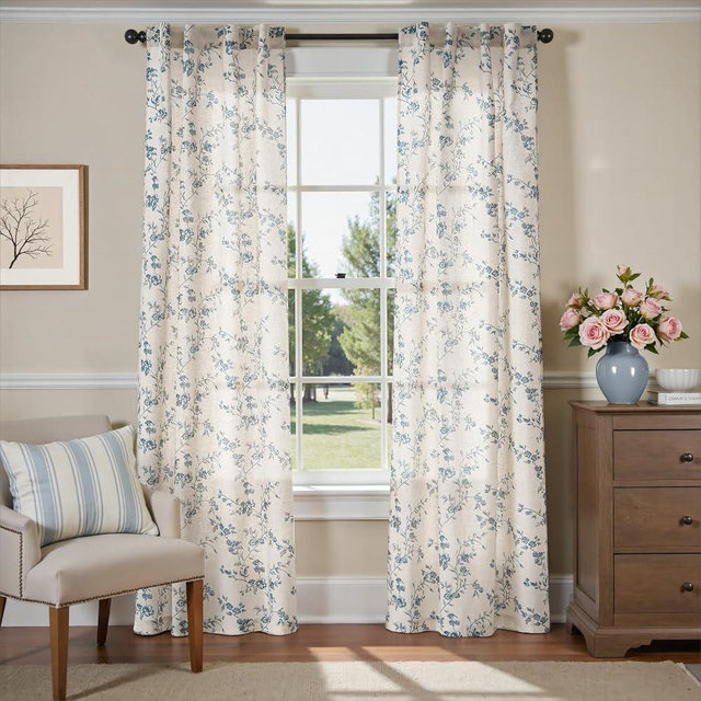 Lazzzy Blue Floral Linen Curtains 84 Inch Farmhouse Back Tab Drapes for Living Room Bedroom Light Filtering Vintage Grandmillennial Rod Pocket Curtains, 2 Panels, W38 x L84, Blue on Beige
