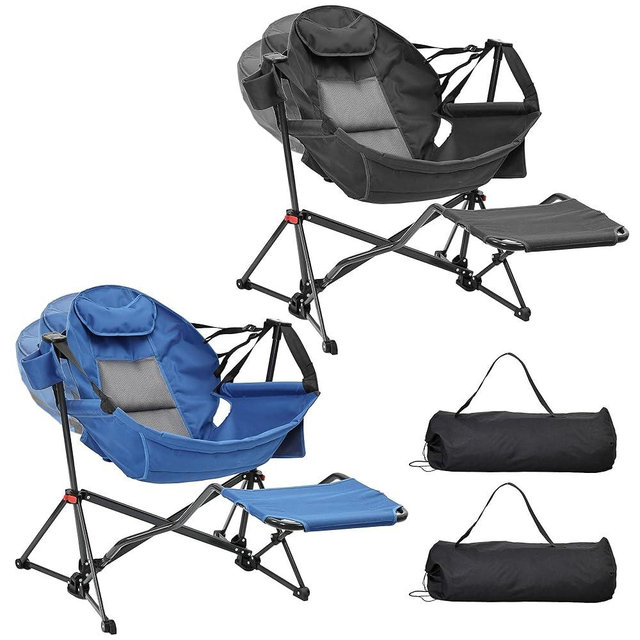 Ainfox Hammock Camping Chair with Footrest, Heavy Duty Foldable Portable Rocking Hammock Chairs Outside Swinging Camp with Cup Holder Pillow for Outdoor Patio Poolside Black Blue