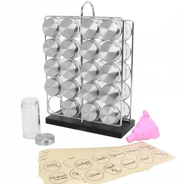 Orii 20 Jar Chrome Wire Spice Rack with Bamboo Base | Includes Silicone Funnel | 160 Preprinted + 20 Blank Spice Labels Included | Compact and Minimalistic Kitchen Pantry Spice Organizer Rack