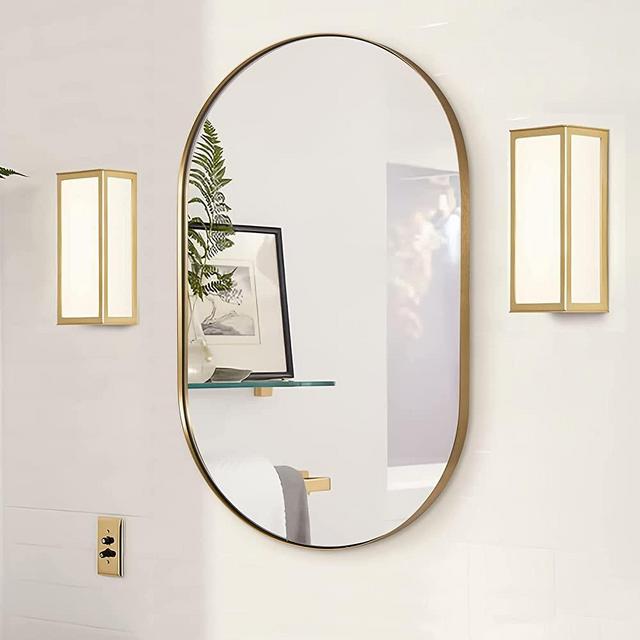 ANDY STAR Gold Oval Mirror, Brass Mirror for Wall, Oval Mirrors for Bathroom in Stainless Steel Metal 1’’ Thin Frame Pill Shaped Mirror Hangs Vertical or Horizontal Ideal for Limited Space