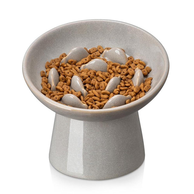 vancasso Ceramic Slow Feeder Cat Bowl, 6.25 Inch Elevated Cat Slow Feeder Bowl, Anti Vomiting for Dry and Wet Food, Grey