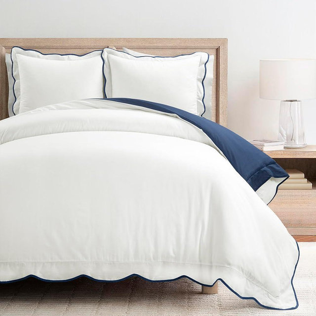 Lush Decor Coastal Chic Scallop Edge Duvet Navy/White 3 Piece Set Full/Queen - Soft Elegant Affordable Luxury Duvet Set