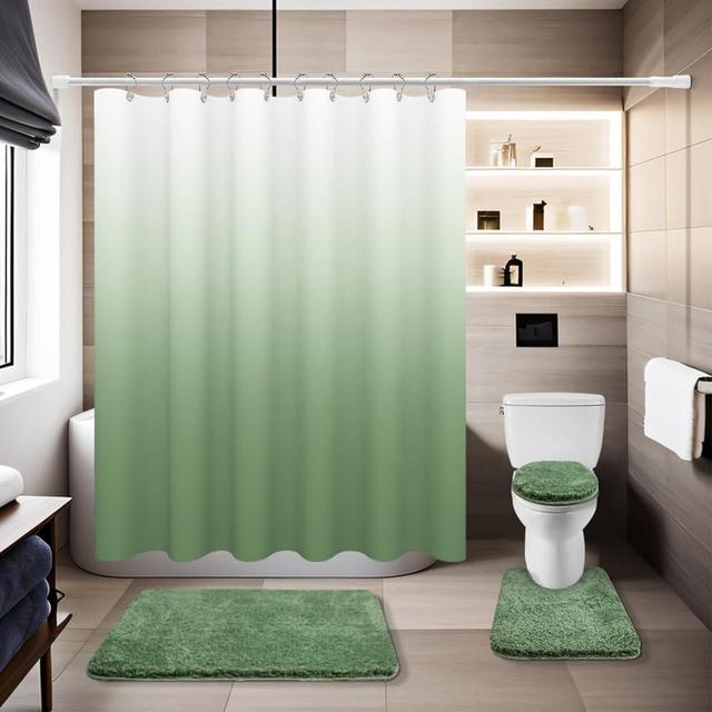 Sage Green Bathroom Sets with Shower Curtain and Rugs Waterproof Shower Curtain Sets 1 Piece and Soft Bathroom Rugs Sets 3 Piece for Luxury Bathroom Decor Set