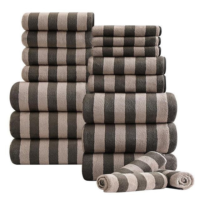 18 Pcs Brown Cabana Stripe Family Towels Set with Hanging Loop-6 Bath Sheets,6 Hand Towels,6 Washcloths Ultra Soft Bathroom Towel Highly Absorbent Quick Dry Shower Towel for Beach Chair,Spa,Gym,Hotel