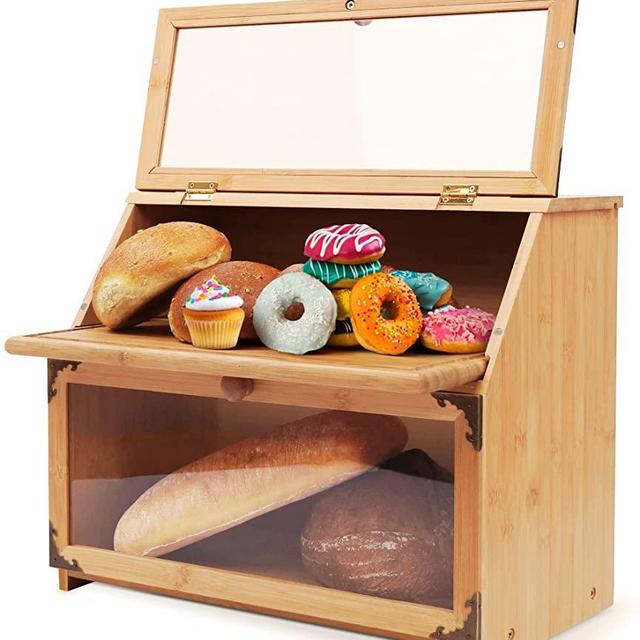 Large Bamboo Bread Box with Cutting Board for Kitchen Countertop. Rustic Double Layer Bread Storage Container with Clear Windows. (Self-Assembly)