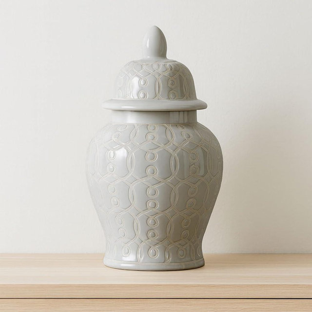 Decorative Ceramic Temple Jar with Lid for Living Room Decor - Modern Home Decor Accent for Bedroom, House, and Office Space - Stylish Flower Vase for Dining Table Centerpiece Decor - 11", White