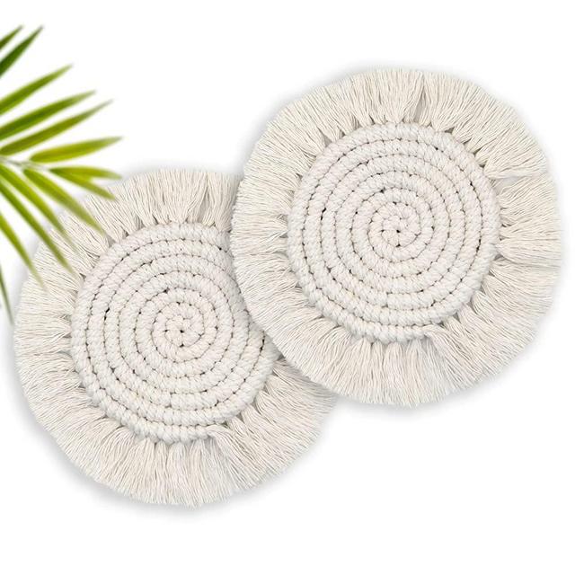 Coasters for Drinks Absorbent, Boho Coasters for Wooden Table, Farmhouse Drink Coaster Set for Kinds of Mugs and Cups, 2PCS Round, Beige