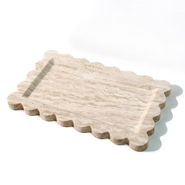 Natural 100% Marble Vanity Tray Luxury Scalloped Marble Storage Square Rectangle Tray for Home Decor Stone Tray for Bathroom Tray/Kitchen Tray/Candle Key Tray (Rectangle-11.8 * 7.4-Beige Travertine)
