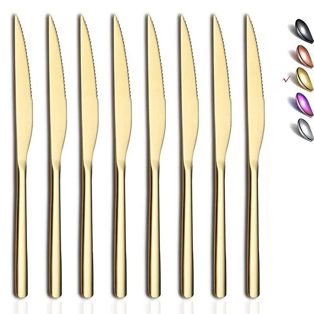 Gold Steak Knives, 8 Piece Premium Stainless Steel Steak Knife Set, Meat Knife Sets, German Steak Knives Serrated, Tomato Knife, For Home, Kitchen or Restaurant, Dishwasher Safe (9.2 Inch)
