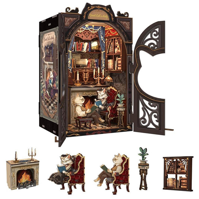 Fsolis Book Nook Kit DIY Scene Miniature Dollhouse Kit, 3D Puzzles for Adults, 108 Wooden Pieces, Bookshelf Decor Tiny House Mini Booknook Craft, Gift for Women Scale Model Lovers (Count Cat's Study)