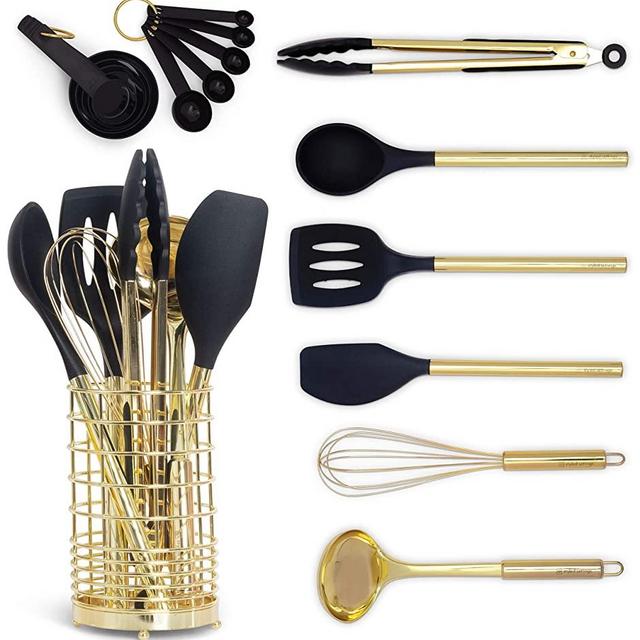 Black & Gold Kitchen Utensils with Metal Gold Utensil Holder -17PC Gold Cooking Utensils Set Includes Black & Gold Measuring Cups and Spoons Set-Gold Kitchen Accessories, Silicone Cooking Utensils Set