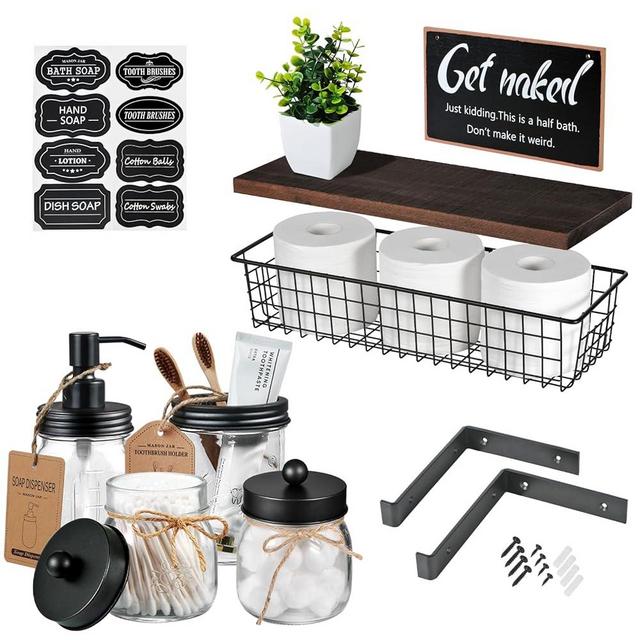 SheeChung Mason Jar Bathroom Accessories Set with Floating Shelves, Soap Dispenser, Toothbrush Holder, Qtip Holders, Paper Storage, Artificial Plant, Decor Sign, Farmhouse Bathroom Decor-Rustic Brown