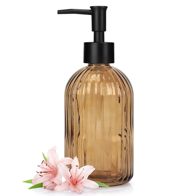 1 Pack 13.5oz Glass Soap Dispenser with Plastic Pump, Vertical Stripe Design Refillable Hand Soap Dispenser for Hand Wash