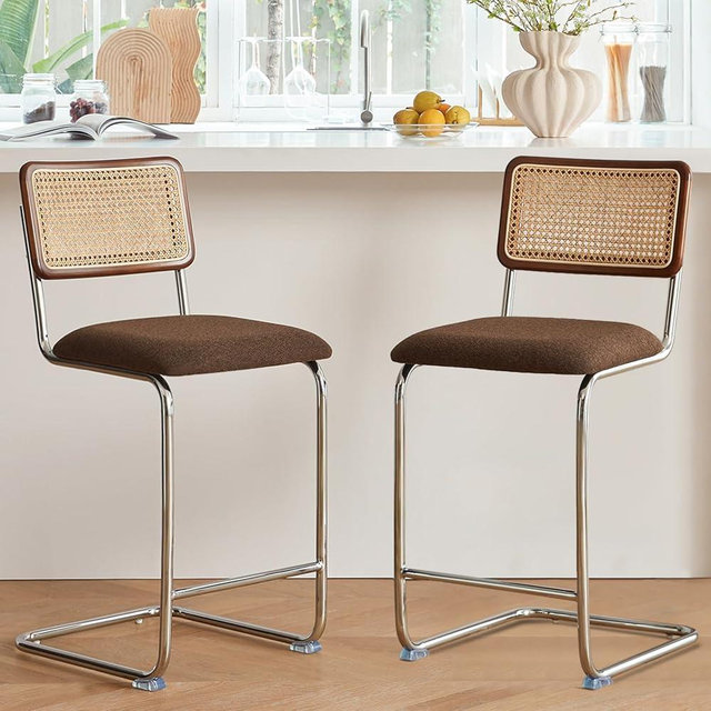 GrandNoor Natural Rattan Counter Height Stools Set of 2 with Solid Wood Back, 24 Inch Mid Century Modern Cesca Bar Stools, Brown Upholstery Boho Stool for Kitchen Counter with Chrome Metal Legs
