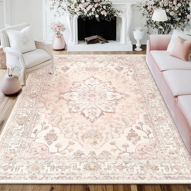 RELEANY Area Rugs 6'x9' Washable Non-Slip, Floral Vintage Distress Print Pattern Medallion Carpet for Living Room Bedroom Dining Room, Pink Greypink Cute