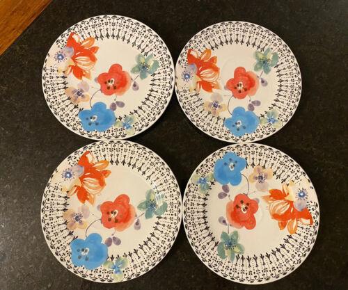 (4) Anthropologie Isidre Ceramica Handpainted Floral Dinner Plates 11” MINT