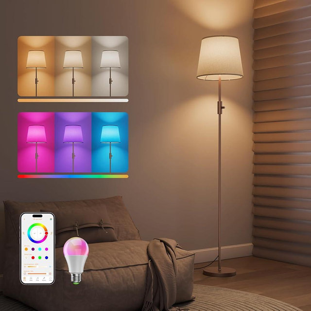 VARICART Smart Floor Lamp with RGBCW Color Change Bulb, Compatible with Alexa, Siri, Google Voice & App Control, Standing Lamp with Linen Shade, Tall Lamp for Living Room, Bedroom, Office,Brown