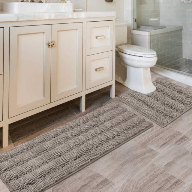 Bathroom Rugs Bath Mats Striped Shag Chenille Bathroom Rug Toilet Sets Non Slip Water-Absorbent Dry Fast Soft Microfiber Bath Contour Mat(47"x 17" and 20" x 20" U Shape, Taupe)