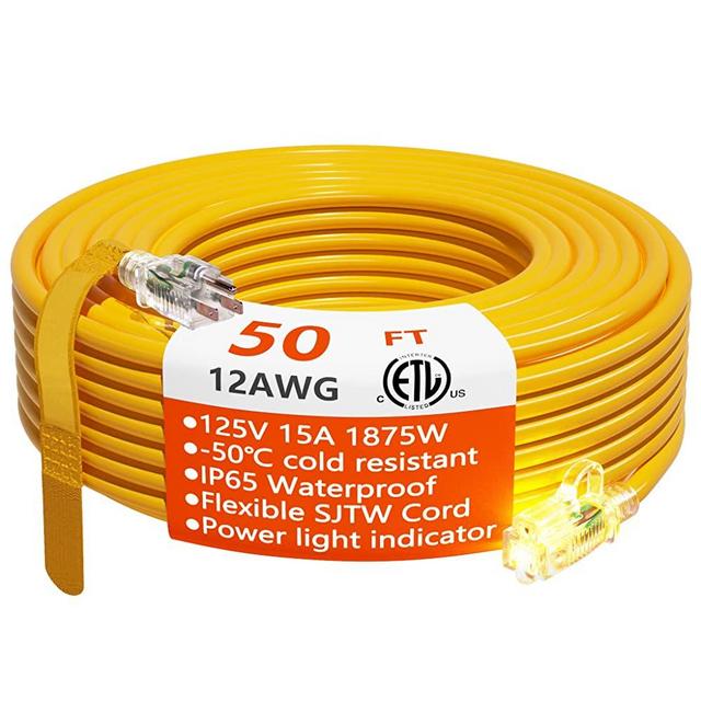 12/3 Gauge Heavy Duty Outdoor Extension Cord 50 ft Waterproof with Lighted end, Flexible Cold-Resistant 3 Prong Electric Cord Outside, 15Amp 1875W 12AWG SJTW, Yellow, ETL HUANCHAIN