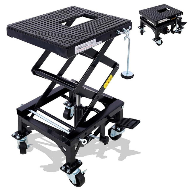 Hydraulic Motorcycle Lift Table, 350 lbs Capacity Scissor Jack Lift with Wide Deck, J-Hooks, 4 Wheels, Foot-Operated Jack Stand for ATV Dirt Bikes (Black)