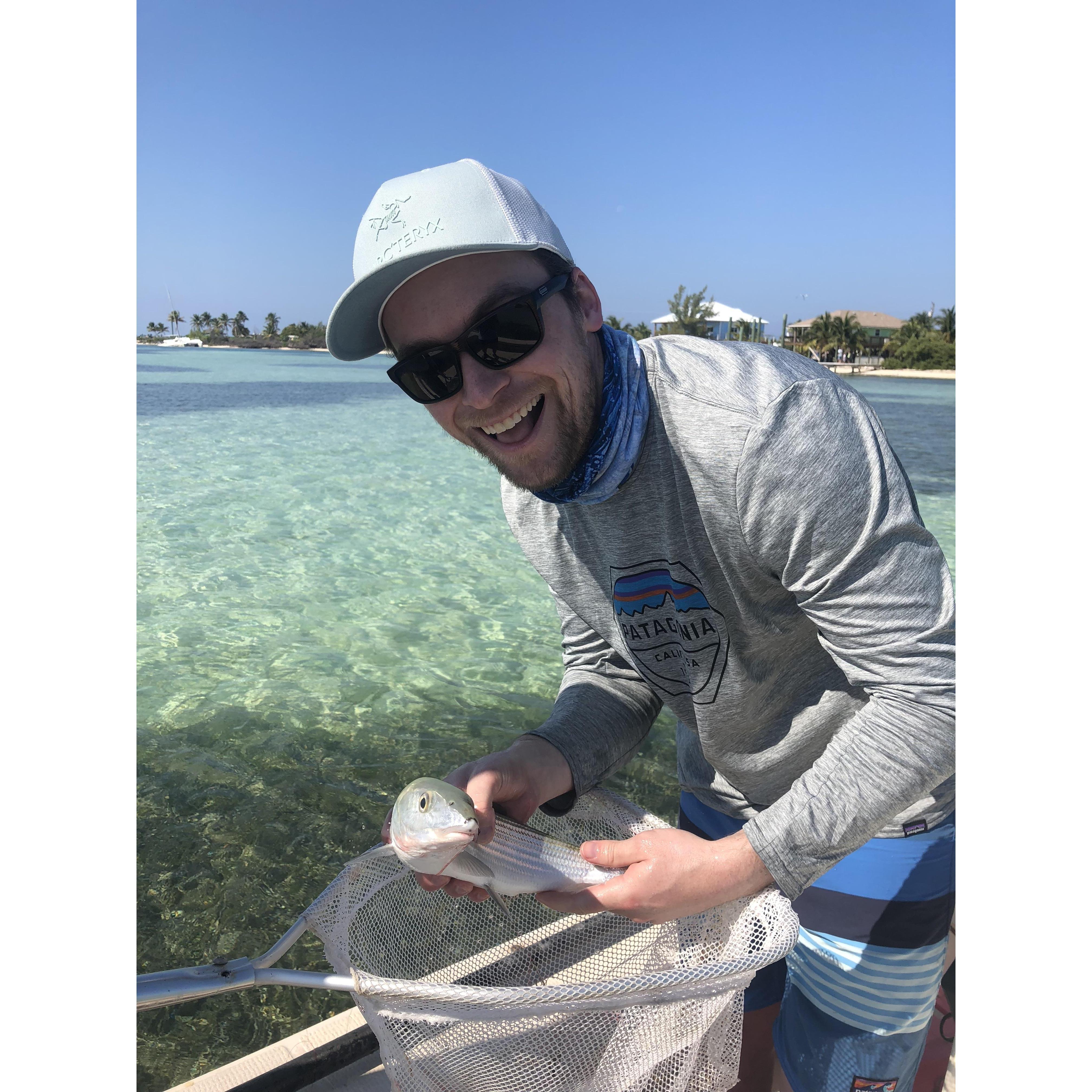 One of our first and absolute most favorite trips together was to Bimini, Bahamas- here is Pat wrangling in a bone fish!