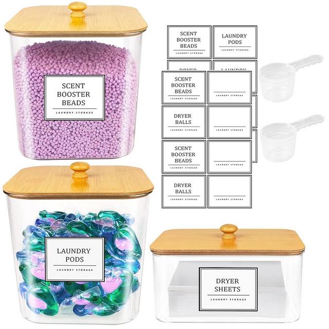 2+1 Pack Laundry Pods Container,Clear Laundry Detergent Powder Storage Containers,Laundry Room Organization Containers with Wooden Lids & Labels,Laundry Pods Holder for Scent Booster,Dryer Ball