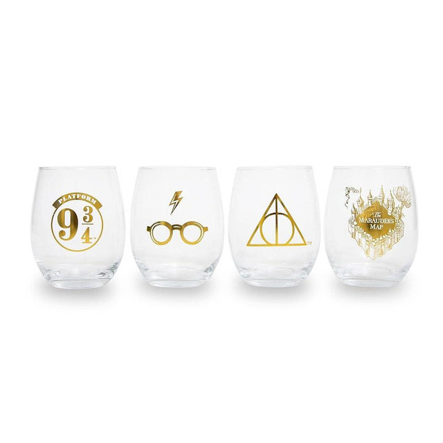 Toynk Harry Potter Icons Stemless Wine Glasses, Set of 4 | 20-Ounce Tumbler Cups For Mimosas, Cocktails