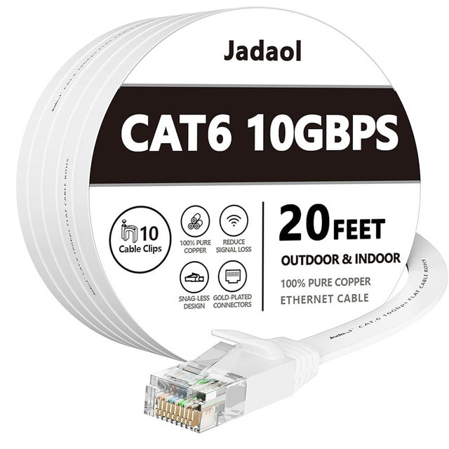 Jadaol Cat 6 Ethernet Cable 20 ft, 10Gbps Support Cat8 Cat7 Network, Flat RJ45 LAN Patch Cable, High-Speed Wired Internet Cable for Router, Modem, Switch, Gaming Consoles, PC, Streaming Devices, White
