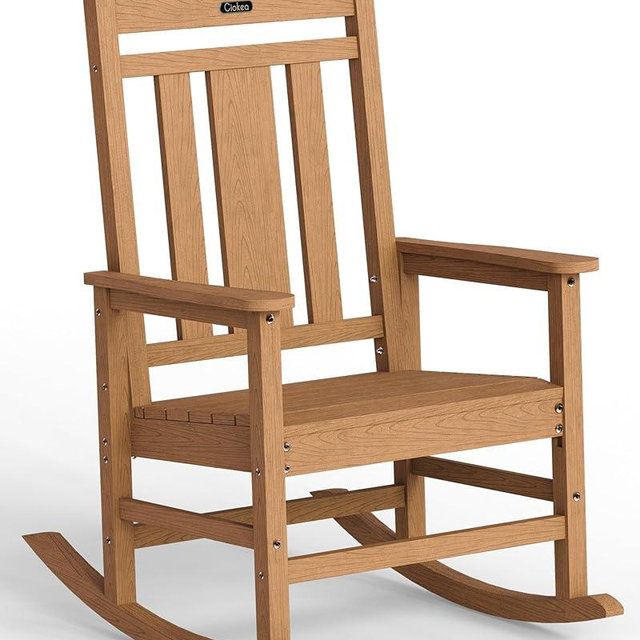 Ciokea Oversized Outdoor Rocking Chair, HDPE Porch Rocking Chair for Outside, Weatherproof Comfortable Patio Rockers for Front Deck Balcony, Teak