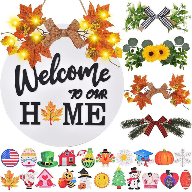 IDATOO Interchangeable Welcome Home Sign, Front Door Decor With 4 Seasonal Wreaths and 21 Changeable Icons, Rustic Wood Wall Porch Hanger for Holiday Halloween Christmas(White)