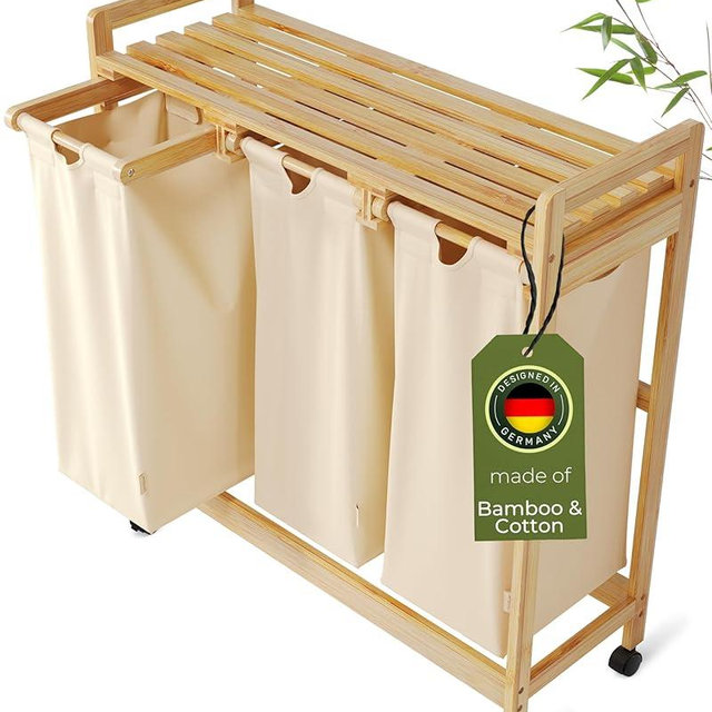 AMBIAVO Laundry basket with wheels beige - Large Bamboo Laundry Sorter with Removable Cotton Bags - 3 Section laundry room organization - Durable, Eco-Friendly, and Stylish Storage Solution for Home