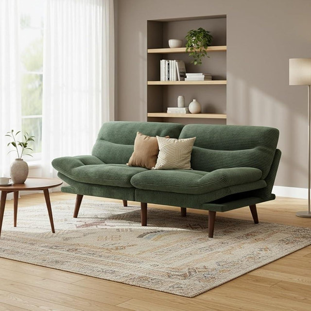 Marsail Futon Sofa Bed, 75” Futon Couch with Adjustable Backrest & Armrests, Convertible Small Sleeper Sofa Bed for Small Apartments, Study Room, Office, Corduroy Loveseat, Green