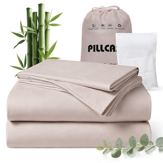 Pillcase Luxury Organic Tencel & Viscose from Bamboo Cooling Sheet Set,Silky Soft Lyocell Sheets with Deep Pocket, Hypoallergenic & Breathable Bedding with Pillowcases (Sand, King)