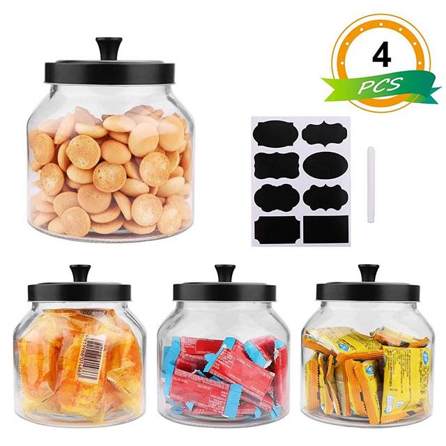 70oz / 2Quart Glass Jars With Sealed Lids, Clear Glass Food Storage container with Black Brushed Metal lids, Set of 4