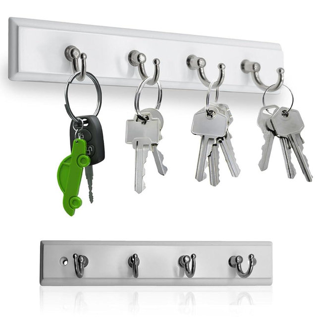 Wall Mounted Key Rail Rack Hanger Holder with 4 Hooks Storage Organizer Home Decor (White)