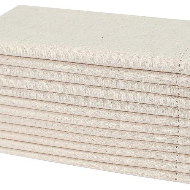 Natural Color Cotton Linen Blend Napkins Set of 12 - Hemstitched 18x18 Inch Decorative Elegant Soft Washable Reusable Flax Dinner Napkin for Dining Table Décor Wedding Party Easter & Everyday Use